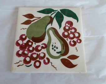 Vintage Chippy Crazing Lines Wheeling Cushion Pear And Cherries Ceramic Tile