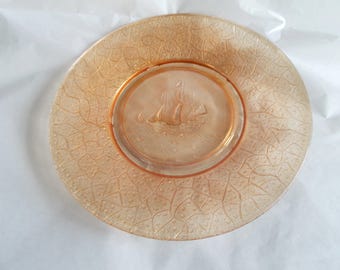 Vintage Marigold Amber Color Santa Maria Sailing Ship Crackled Foliage Around The Rim  Glass Plate