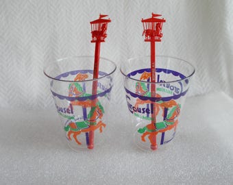 Vintage  2 Bedford N.H Carousel Ballroom Plastic Cups And  2 Swizzle Sticks