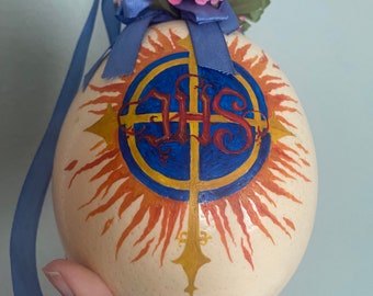 Large religious painted ostrich egg