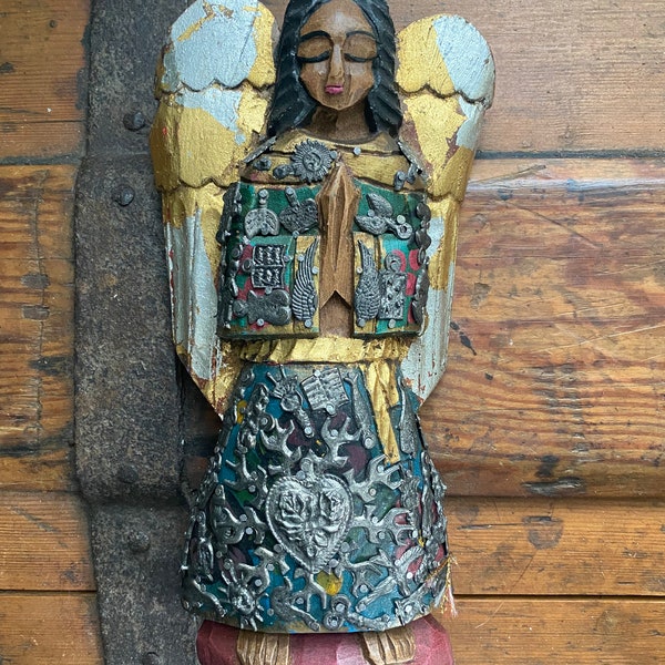 Mexican Folk art wood carved Angel with Milagros