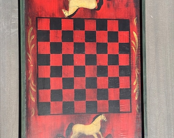 Folk art painted checkers board by Maude Rischer Ciardi