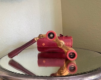 French red leather lorgnette opera glasses