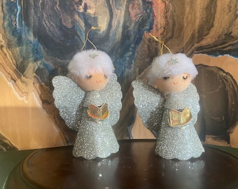 Pair of vintage angel ornaments silver mica