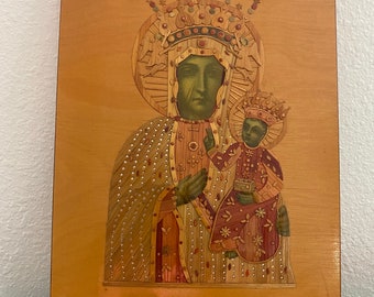 Vintage wood plaque of Mary and Jesus made in Poland