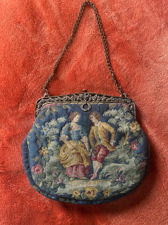 Lost in Vintage French Tapestry Figural Purse Metal Frame Aubusson