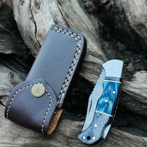 Handmade Damascus Steel Pocket Knife: Wood Handle, Leather Sheath