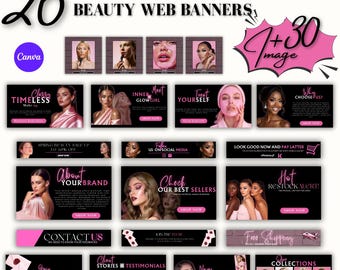 Beauty Website Banner Bundle | Makeup & Skincare Web Banners | Shopify Slideshow Headers | Pink Feminine Brand Templates ( Digital Download)