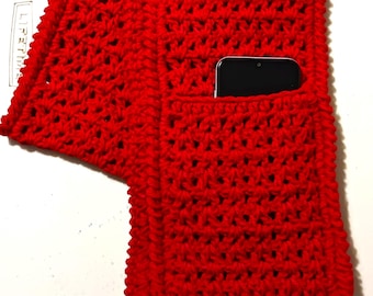 Handmade Crochet Pocket Scarf, Cell Phone Holder, Solid Color Winter Scarf