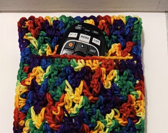 Crochet Remote Control Caddy, Rainbow Acrylic Yarn, Cell Phone Holder