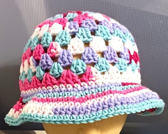 Crochet Granny Square Bucket Hat, Pink Hat, Handmade