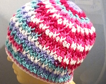 Crocheted Ribbed Striped Beanie, Pink Acrylic Hat