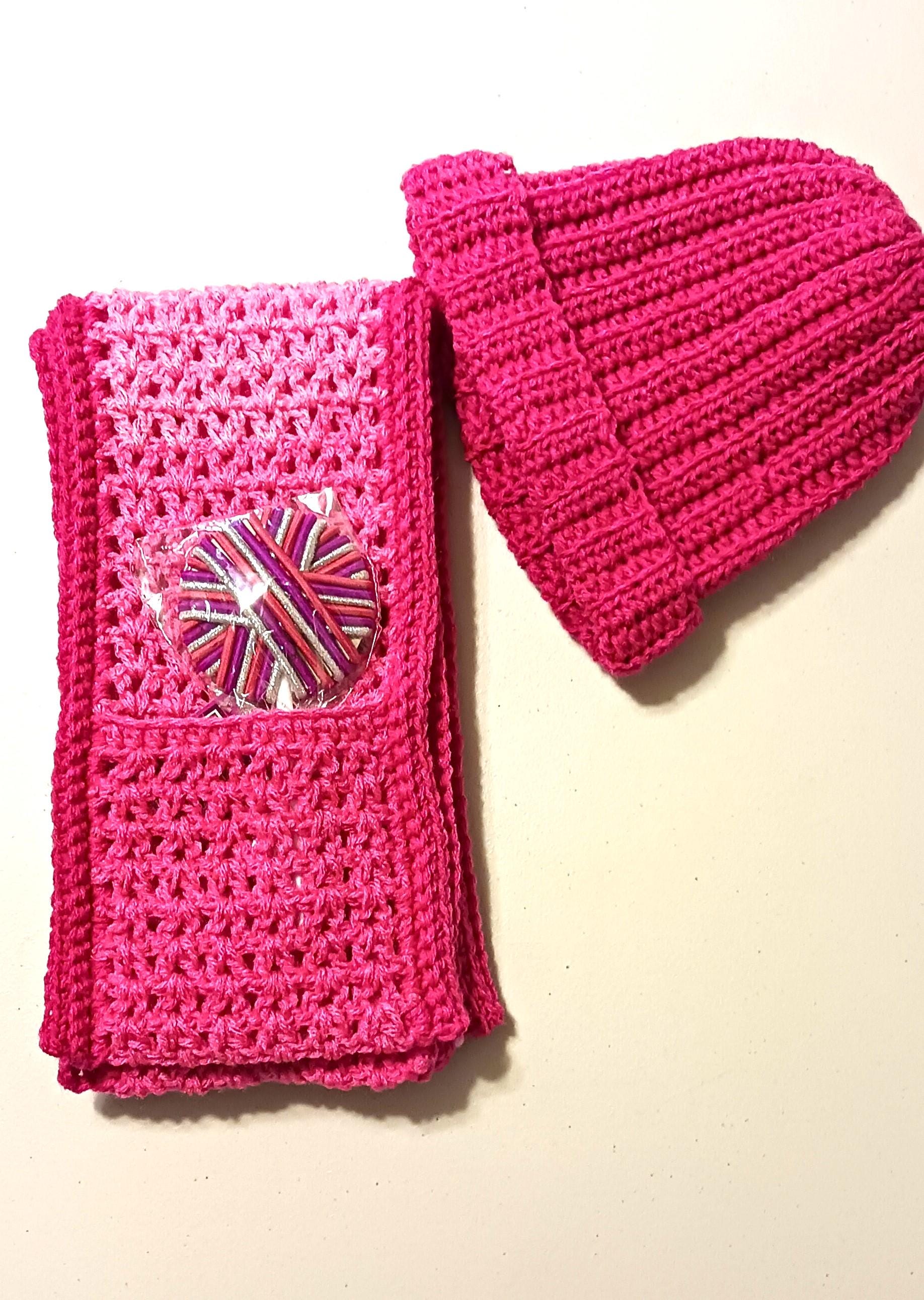Crochet Pink Beanie and Pocket Scarf Set, Small Adult/girls  display picture 1