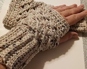 Handmade Aran Fleck Crochet Fingerless Gloves, Texting Gloves
