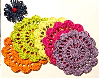 Crochet Doily, Cotton Plant Pad, Table Protector, Coaster, Spring Colors