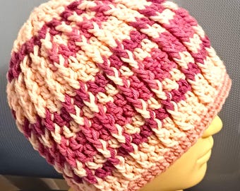 Crocheted Ribbed Striped Beanie, Pink Acrylic Hat