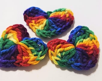 Rainbow Hearts, Crochet Hearts, Embellishments, Autism, LGBTQ,  Party Cone Fillers, Heart Applique, Birthday Decoration, Groups of 3