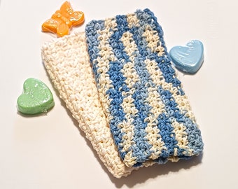 Dish Cloth, Wash Cloth, Cotton Dish Cloth,  Crochet Dish Cloth, Blue and Ecru,  Set of 2