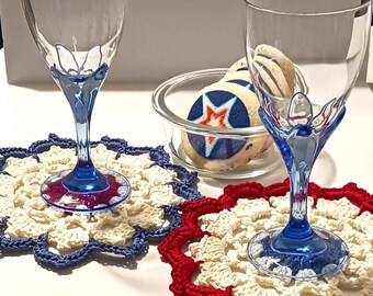 Patriotic Handmade Doily, Table Protector, 8 Inch, Cotton, USA Red, White, Blue