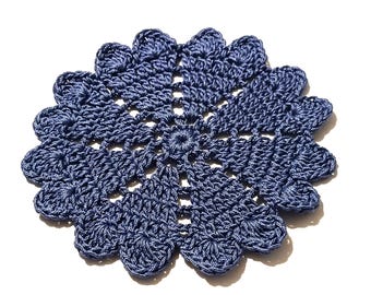Handmade Denim Blue Cotton Doily, Heart Themed, Table Protector (7-8")