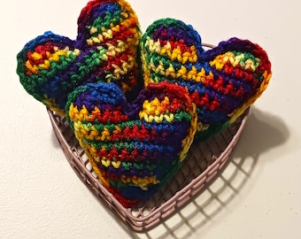 Crochet Rainbow Puffy Hearts, Pride Decor, Trio of Hearts