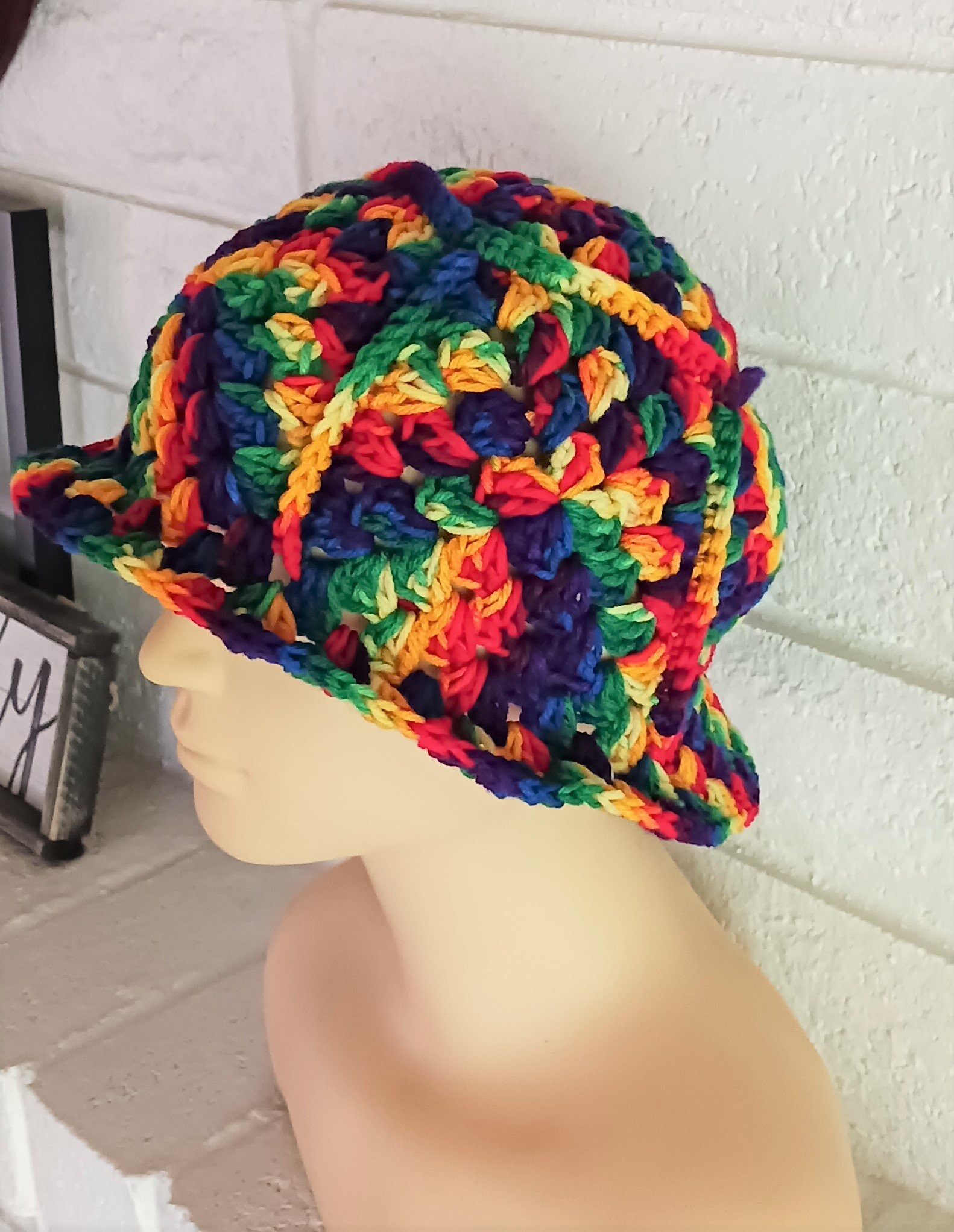 Crochet Bucket Hat Granny Square Pattern Rainbow Colors Taller Adult Handmade Colorful Granny Square Crochet Bucket Hat ?? A cozy  main image 4