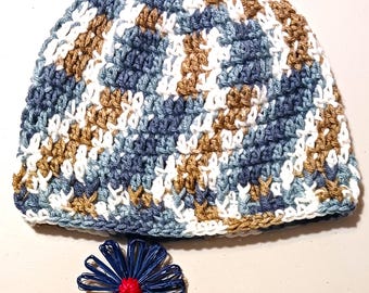 Crocheted Beanie Blue Brown White