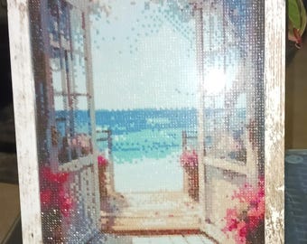 Framed Diamond Painting Art, Completed Picture, Ocean Patio View