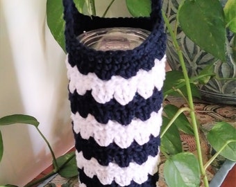 Crochet Water Bottle Holder with Strap, Navy Blue and White Cotton