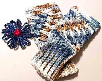 Crochet Fingerless Gloves, Blue Mixed Yarn, Texting Gloves