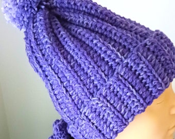 Ladies Purple Beanie, Purple Hat, Beanie, Crochet Beanie with Pom Pom, Crochet Hat