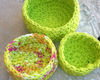 Nesting Bowls, Crochet bowls, Storage, Lime Green