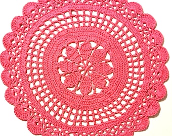 Handmade 19" Crochet Doily, Cherry Pink Cotton Tea Rose Pattern