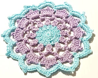 Handmade Doily, Table Protector, 8 Inch, Cotton, Aqua Lavender