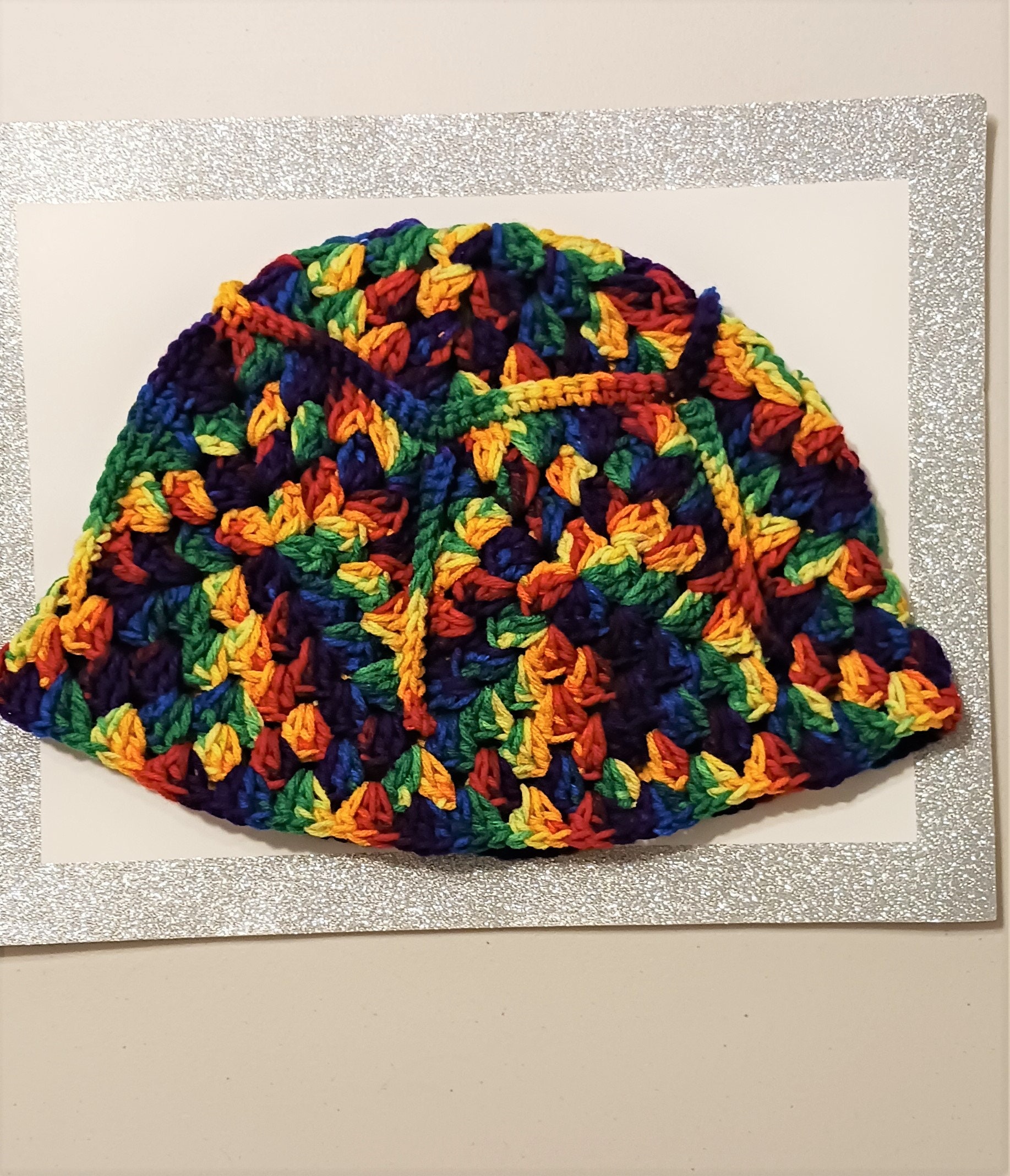 Crochet Bucket Hat Granny Square Pattern Rainbow Colors Taller Adult Handmade Colorful Granny Square Crochet Bucket Hat ?? A cozy  main image 3