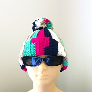 Beanie, Multi Colored Hat, Beanie, Crochet Beanie with Pom Pom, Crochet Hat