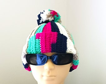 Multi-Color Crochet Beanie with Pom Pom
