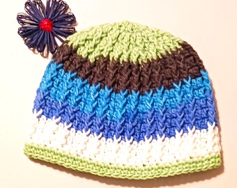 Crocheted Ribbed Striped Beanie, Unisex Acrylic Hat