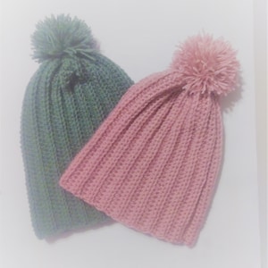 Ladies Pink Beanie, Pink Hat, Beanie, Crochet Beanie with Pom Pom, Crochet Hat