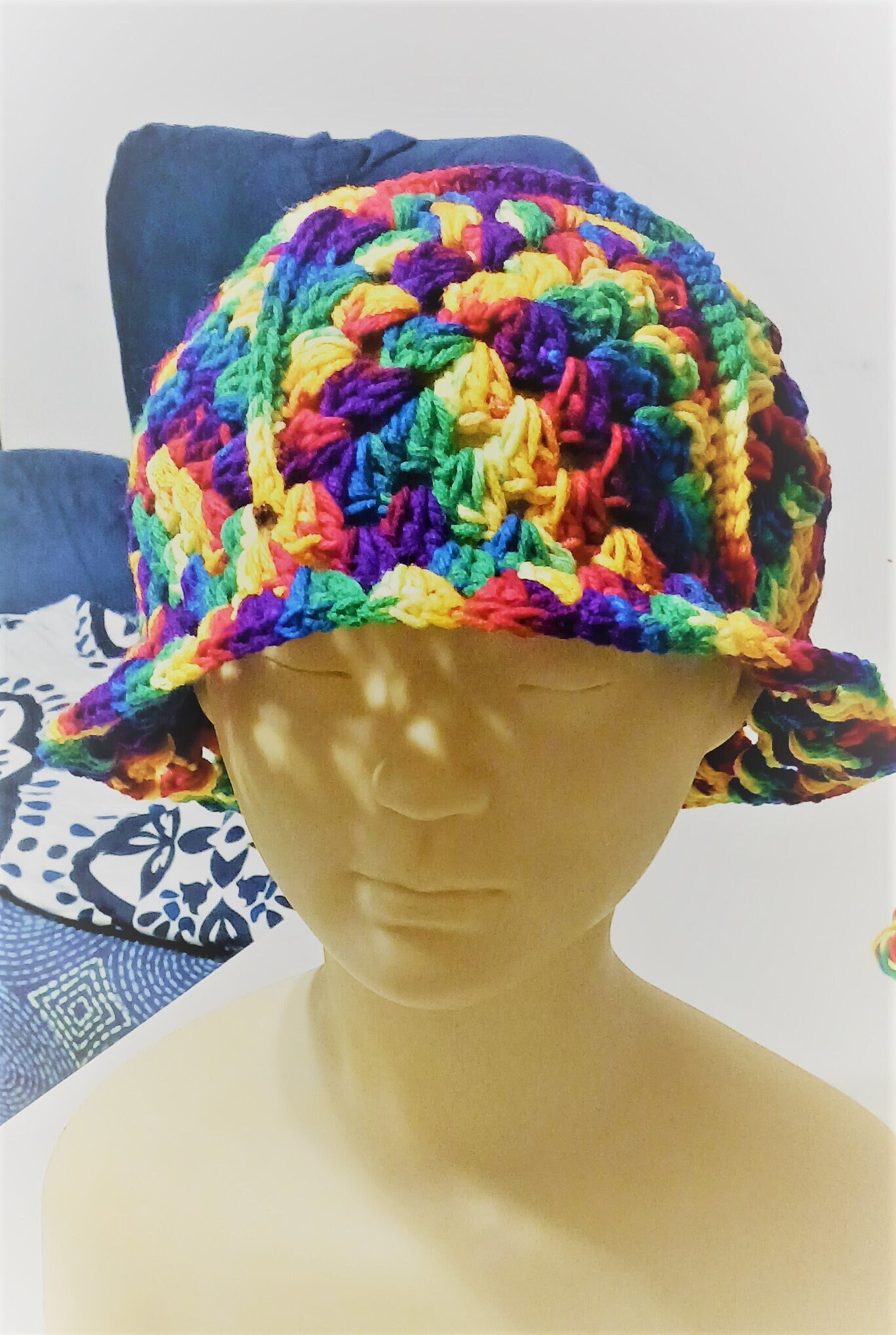 Crochet Bucket Hat Granny Square Pattern Rainbow Colors Taller Adult Handmade Colorful Granny Square Crochet Bucket Hat ?? A cozy  main image 2