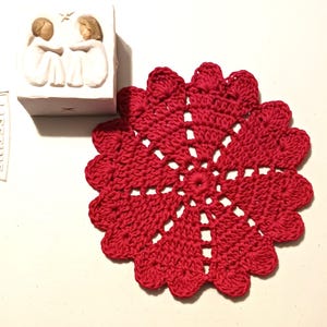 Red Cotton Handmade Doily, Table Protector, 8 Inch