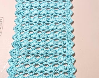 Handmade Aqua Cotton Crochet Table Runner, 8x38