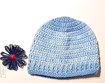 Crocheted Blue Slouch Beanie, Unisex Acrylic Skull Cap