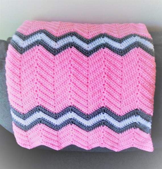 Handmade Crochet Chevron Afghan, Pink Throw Blanket