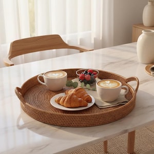 22.4" Extra Large Round Handwoven Rattan Serving Tray Boho Wicker Coffee Table Centerpiece