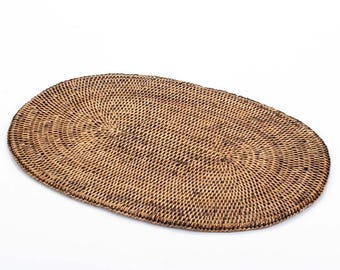 Mantel individual ovalado de ratán tejido a mano, mantel individual de mimbre natural, decoración de comedor estilo bohemio, 45 x 30 cm