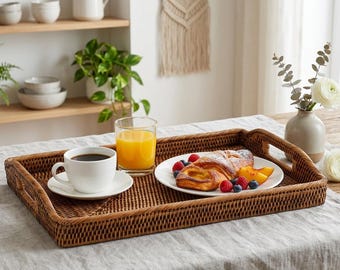 Handwoven Rattan Serving Tray – Boho Breakfast Tray, 12x19 inch