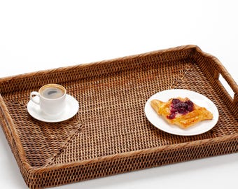 15x22" Rattan Breakfast Tray with Handles – Handwoven Wicker | Boho Home Ottoman Coffee Table Decor