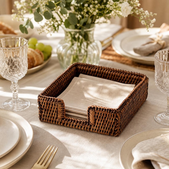 Natural Rattan Napkin Holder, Square Wicker Basket for Paper Napkins, Boho Table Decor