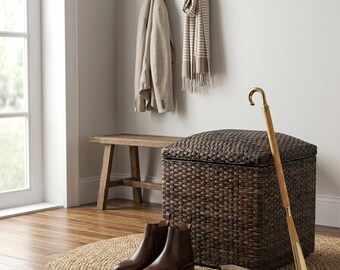 Black Washed Rattan Storage Ottoman with Lid, Shoe Storage Bench for Entryway